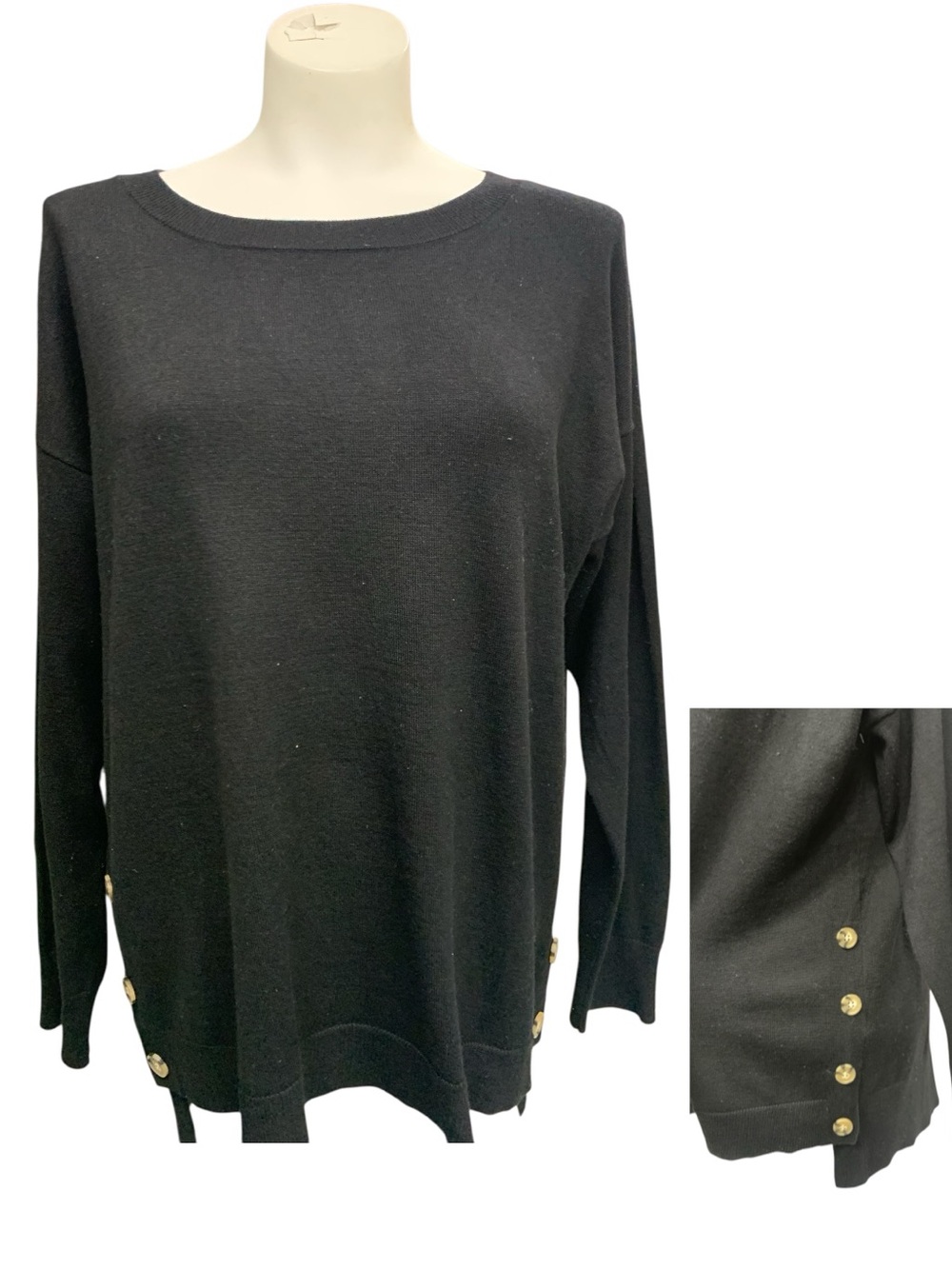 Women's Black Boatneck Sweater with Gold Side Buttons